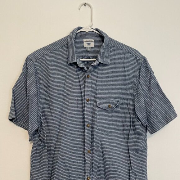 OLD NAVY Mens Blue White Chambray Stripe Short Sleeve Button Down Shirt SLIM FIT - Picture 3 of 11